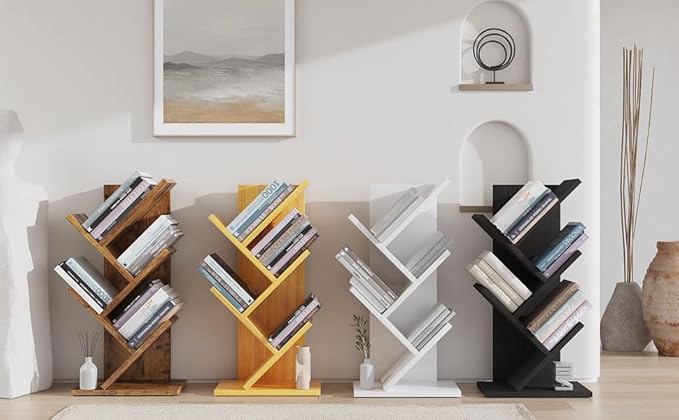 YMYNY 4 Tier Tree Bookshelf, Small Bookcase, Modern Wood Book Storage Rack, Freestanding Book shelf for Books/Movies/CDs, Narrow Display Rack for Living Room, Home Office, Black UHBC014B