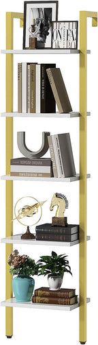 YMYNY 5 Tiers Ladder Bookcase, Industrial Wall Mounted Bookshelf, Open Display Rack with Metal Frame, Wooden Storage Shelves for Bedroom, Home Office, Living Room, White+Gold, 70*17.3*11.8"UHBC015W
