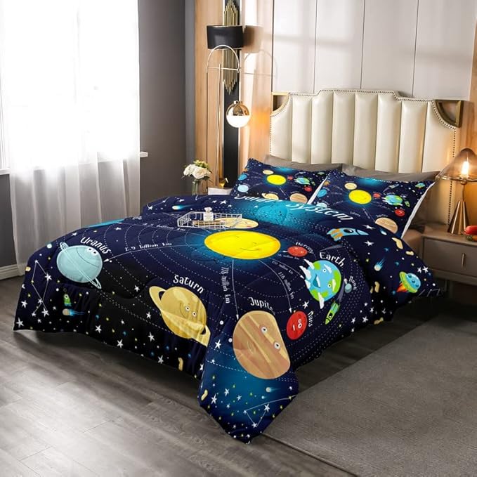 Erosebridal Outer Space Comforter Set Starry Sky Bedding Set Full Size for Kids Boys Girls Room Galaxy Planet Space Duvet Sets Solar System Cartoon Down Comforter 3 Pieces with 2 Pillow Cases, Blue