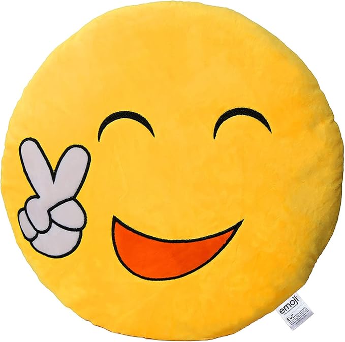 EvZ Official Certified Yeah Emoji Pillow - 32cm Large Soft Plush Smiley Face Victory Peace Sign Emoticon Cushion - Fun Decorative Stuffed Toy for Success Gift, Gaming Room & Happy Decor (Yellow)