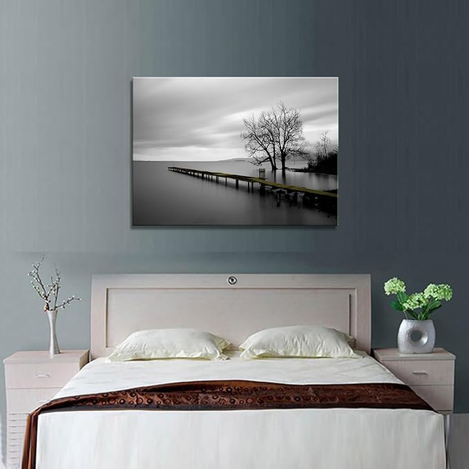 DZL Art S74981 Canvas Prints Modern Minimalist Black and White Lake Trees Landscape Wall Art Painting for Living Room Bedroom Decor Office Wall Decor Home Decoration