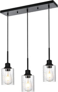 Modern 3-Light Pendant Island Light Fixture Black Ceiling Hanging Lights with Clear Seeded Glass and Adjustable Cord,Industrial Pendant Lighting for Kitchen Living Room Dining Room Foyer