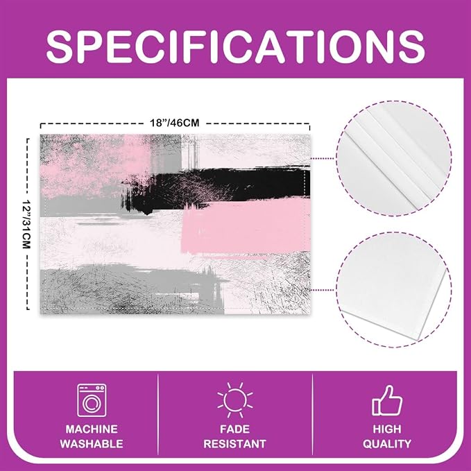 Feelyou Light Pink Black Grey White Placemats Set of 4 for Kids Boys Girls Abstract Placemat for Kitchen Dining Table Decor Indoor Outdoor 18"x12" Ombre Modern Table Place Mats, Decor Buffalo Check