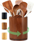 Walnut Utensil Holder, 360° Rotating 7.3 in Kitchen Organizer | Rustic farmhouse countertop decor. 360° rotating base holds spatulas, ladles, tongs, and cooking tools. Rich walnut finish