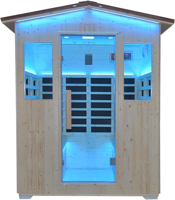 Outdoor Infrared Sauna 4 Person, Spruce Wooden Large Sauna 2600W 240V Heaters Panels With Lcd Display Control Multi Color Light Strip Bluetooth Speaker Oxygen Bar(59.06*47.24*81.89 inch Spruce)