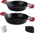 Cast Iron Skillet Set - 10" + 12"-Inch Dual Handle Frying Pans + Silicone Handle Holder Covers + Pan Scraper - Pre-Seasoned Oven, Grill, Stovetop, Induction Safe Kitchen Cookware - Indoor/Outdoor Use