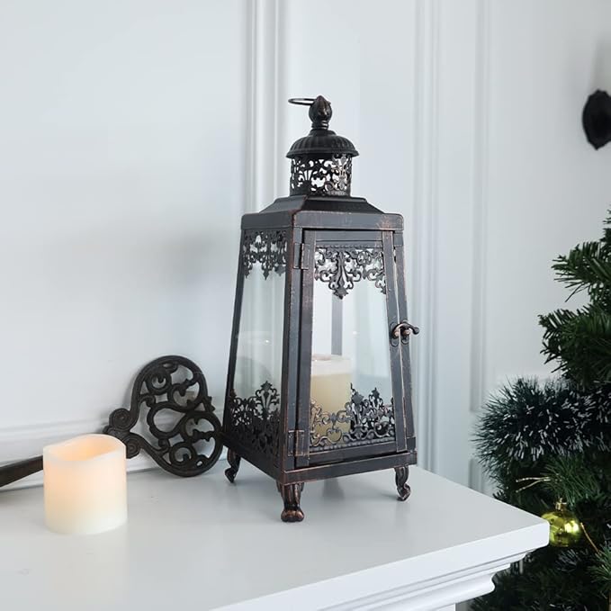 NEEDOMO Lanterns Decorative Outdoor & Indoor, Set of 2 Outdoor Lanterns for Porch,Large Candle Lantern, Bronze Metal Frame with Glass for Fall, Christmas