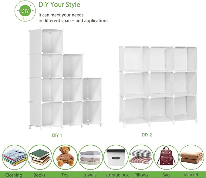 FUNLAX Cube Storage Shelf, 9 Storage Cubes Closet Organizers and Storage Portable Cube Storage Organizer Plastic Bookshelf Bookcase for Study Room, Bedroom, Office, White