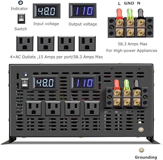 WZRELB 7000W 48V 110-120V Pure Sine Wave Power Inverter with 4 AC Outlets,Bipolar High-Frequency Inverter (RBH-700048)