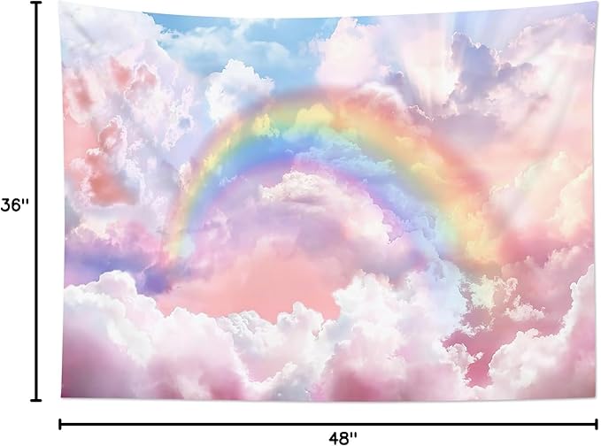 HVEST Rainbow Cloud Tapestry Wall Hanging, Rainbow and Pink Cloud with Glow Sunshine in Pastel Sky Tapestry, Aesthetic Nature Landscape Tapestry for Living Room Bedroom Aesthetic Decor, 36L x 48W Inches