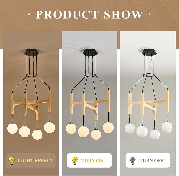 Natural Farmhouse Wood Chandeliers Vintage Milk Glass Pendant Light L24 '' Mid Century Long 4-Light Hanging Fixture for Living Dining Room Entryway Foyer Bedroom Kitchen,G9