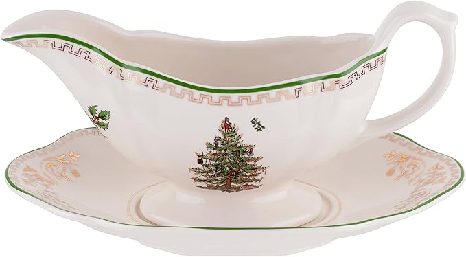Spode Christmas Tree Gold 10 Oz Gravy Boat and Stand - Elegant Christmas Porcelain Sauce Boat, 22K Gold Accents, Luxurious Holiday Serveware for Gravy, Sauces, Festive Gatherings, Dishwasher Safe