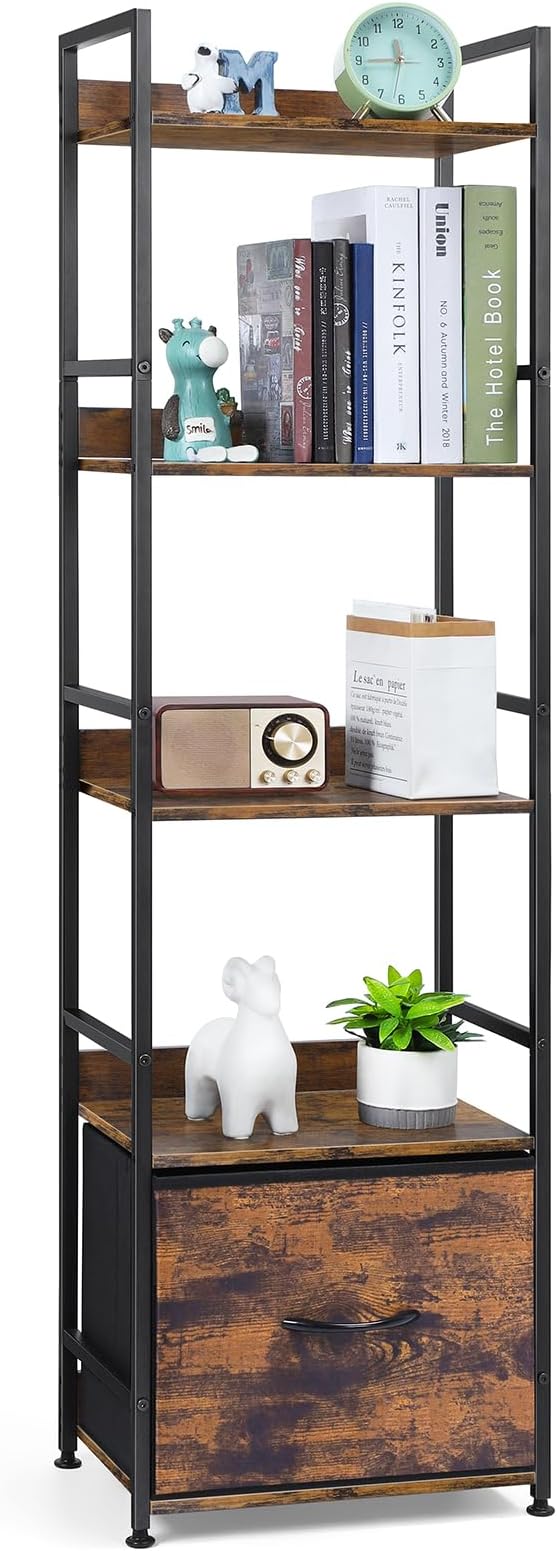 5 Tier Bookshelf with Storage, Bookcase with Drawers, Storage Shelves for Living Room / Home Office, Wood Shelves & Metal Shelf Organizer, Book Shelf for Bedroom, Tall & Ladder Bookshelf, Brown
