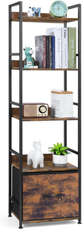 5 Tier Bookshelf with Storage, Bookcase with Drawers, Storage Shelves for Living Room / Home Office, Wood Shelves & Metal Shelf Organizer, Book Shelf for Bedroom, Tall & Ladder Bookshelf, Brown