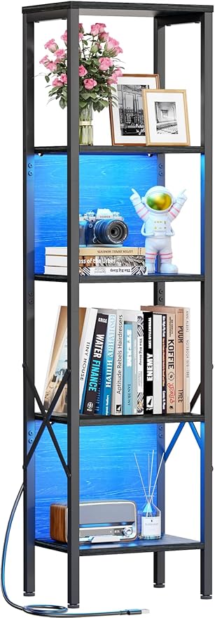 Furologee 5 Tier Book Shelf with LED Light, Tall Display Bookcase with Back, Narrow Industrial Standing Shelving Units, Metal and Wooden Storage Rack for Bedroom, Living Room, Office, Black Oak