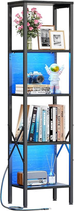 Furologee 5 Tier Book Shelf with LED Light, Tall Display Bookcase with Back, Narrow Industrial Standing Shelving Units, Metal and Wooden Storage Rack for Bedroom, Living Room, Office, Black Oak