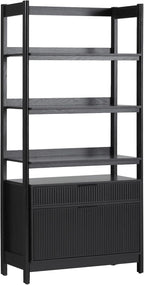 Walker Edison Modern Reeded 4-Shelf Bookshelf Bottom, 33 Inch, Two-Drawer Black
