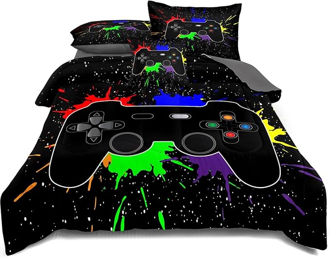 Kids Gaming Bedding Sets, 5 Piece Gamer Comforter Sets for Teens Boys Twin Size for Bedroom Comforter Set Adult 3D Gamepad Microfiber Bedding Sets Fits All Season