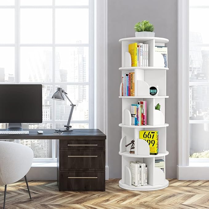 Nisorpa 5 Tier Rotating Bookshelf, 360° Revolving Bookcase Rotating Stackable Shelves Floor-Standing Storage Display Rack Used in Bedrooms Living Rooms Study Office (63"x18"x18")