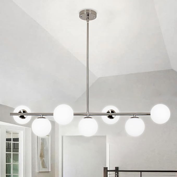 Brushed Nickel Mid Century Modern Chandelier, Linear Sputnik Bubble Pendant Light with Milk Glass Globes, Dimmable Dining Room Light Fixtures over Table for Kitchen Island Living Room Foyer Bedroom