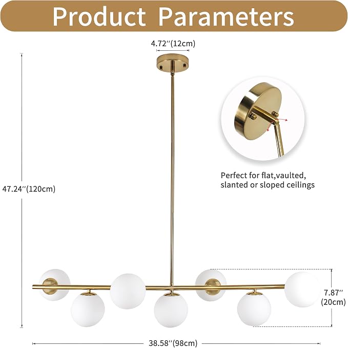 Modern Linear Gold Chandelier for Dining Room, 7-Light Adjustable Dimmable Ceiling Light with Glass Globes, Kitchen Island Pendant Lighting Mid Century Light Fixture for Living Room Bedroom Foyer