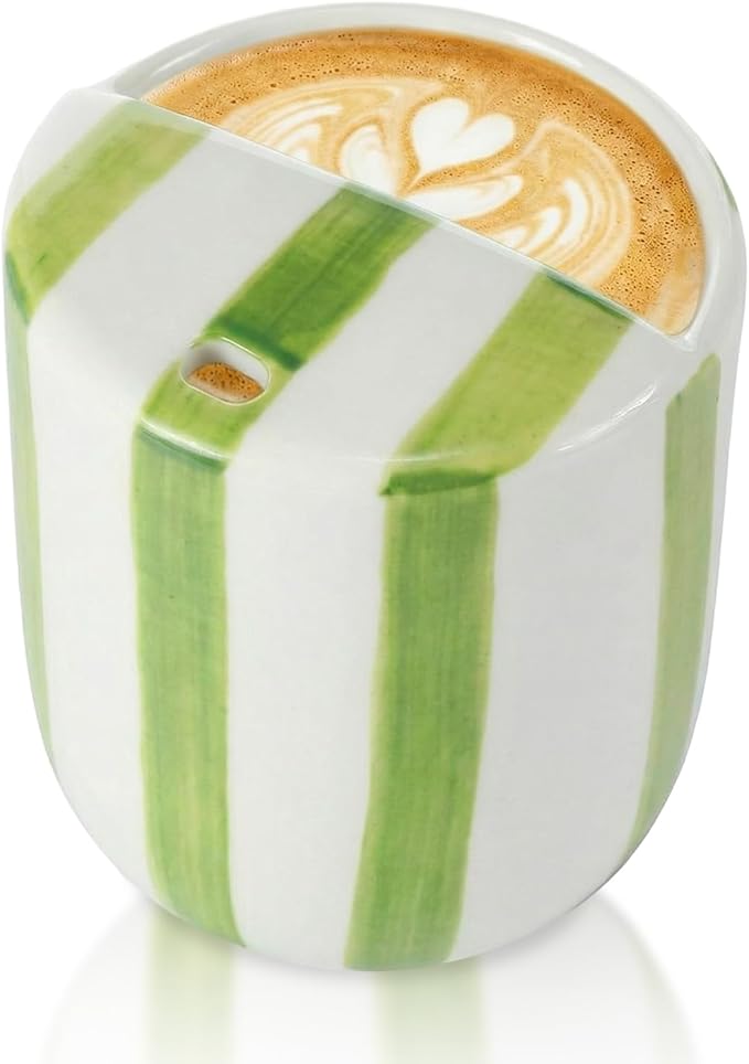 Ceramic Mug with Sip Hole 10 oz Novelty Green Striped Ceramic Coffee Mug Hand Painted Travel Mugs Heat Resistant Non Slip Built in One Lid Handcraft Mugs for Coffee Lovers Appreciation Gift