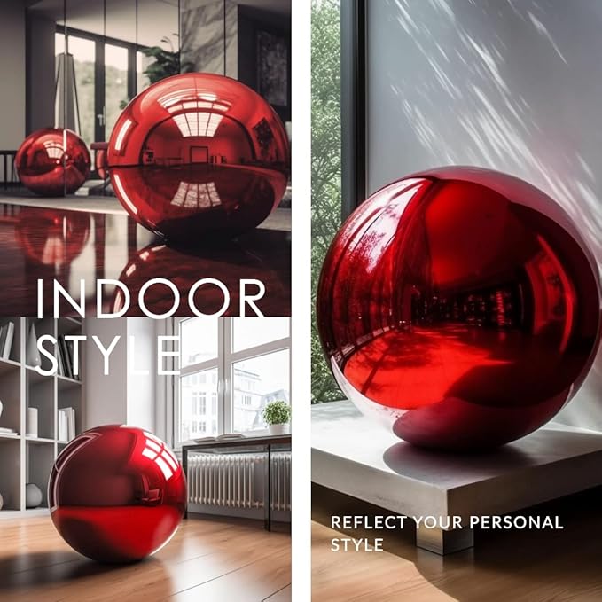 10 Inch Stainless Steel Gazing Globe,v2croft Hollow Ball Mirrored Surface Polished Shiny Sphere,Garden Stainless Steel Gazing Ball for Outdoor Lawn Pond Yard Ornament(red)