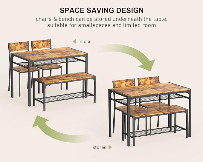 Gizoon 4-Piece Dining Table Set for 4, Kitchen Table with Bench Rustic | Space-saving rustic 4-piece dinette set with metal storage rack. Includes 2 ergonomic chairs and 1 bench. Easy to clean.