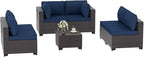 Patio Furniture Set 7-Pieces Outdoor Furniture for Backyard Wicker Sectional Sofa Set, Rattan Patio Conversation Set with Thickened Cushions and Glass Coffee Table, Navy Blue