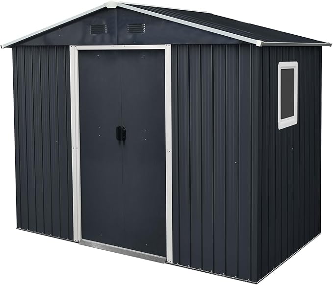 4x8 FT Outdoor Storage Shed, Metal Garden Shed with Frame Floor, Outside Tool Shed with Window, Waterproof Storage Building with Lockable Sliding Doors & Sloped Roof for Backyard, Patio, Black