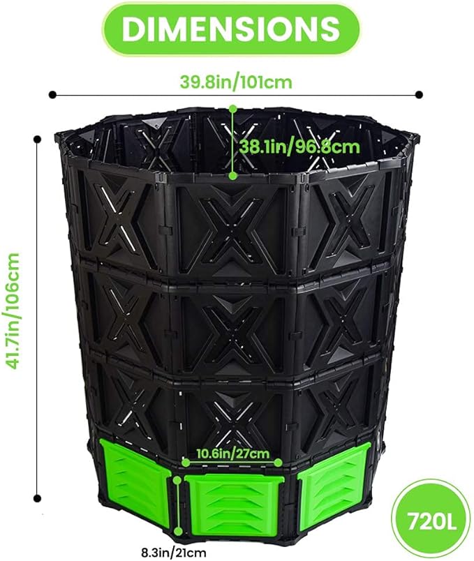 SQUEEZE master XXL Large Compost Bin Outdoor- 720L /190 Gallon-Easy Assembly-No Screws-Sturdy& Durable-Green Door