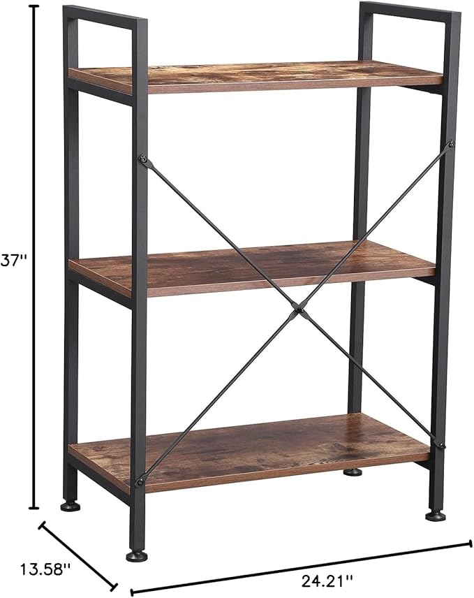 BEWISHOME 3 Tier Bookshelf, Rustic Small Book Shelf for Small Spaces, Brown Wooden Shelves for Bedroom Living Room and Home Office, 13.58" D x 24.21" W x 37" H, JCJ32Z