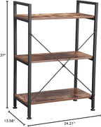 BEWISHOME 3 Tier Bookshelf, Rustic Small Book Shelf for Small Spaces, Brown Wooden Shelves for Bedroom Living Room and Home Office, 13.58" D x 24.21" W x 37" H, JCJ32Z