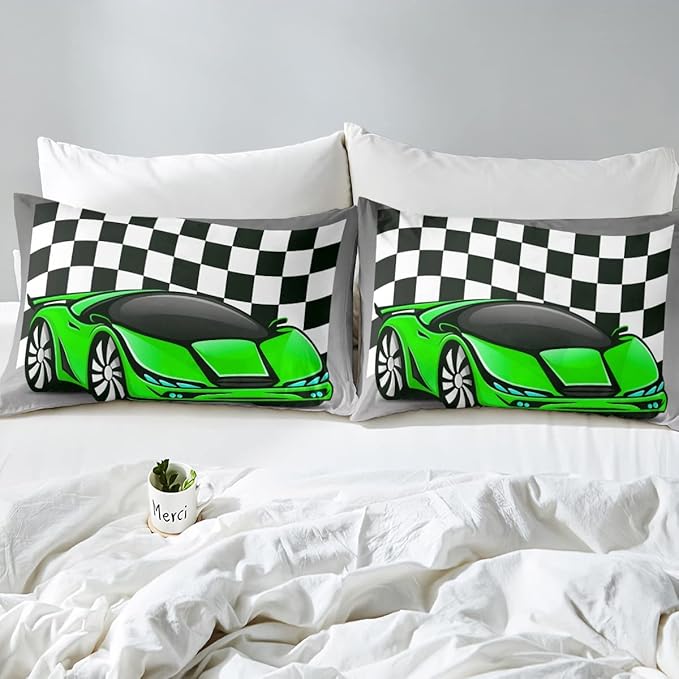 Racing Car Comforter Set, Cool Speed Race Car Down Comforter Twin for Kids Boys Girls Teens Bedroom, Automobile Extreme Sport Bedding Set Plaid Checkered Duvet Sets with 1 Pillowcase, Grey Green