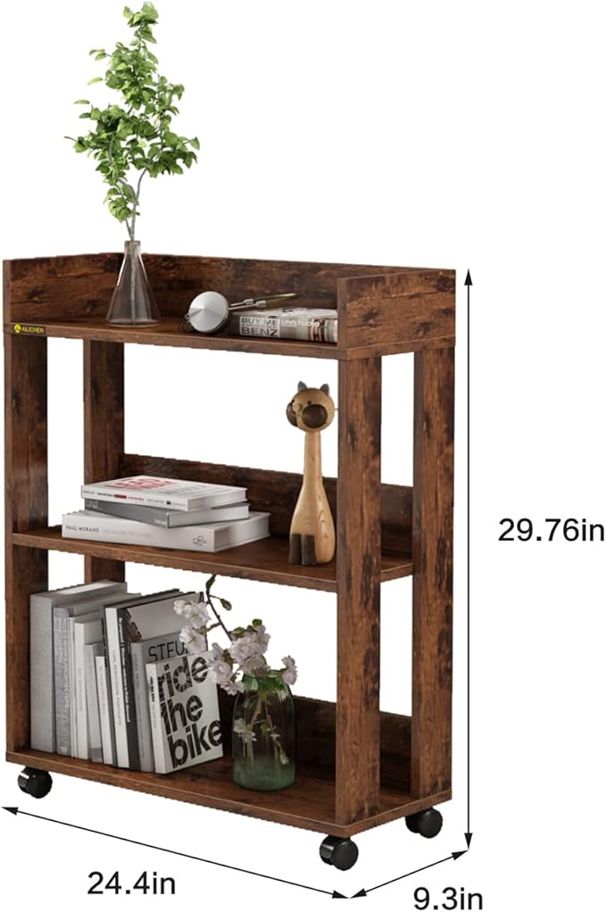 3 Tier Nightstand with Wheels, Wood Small Bookshelf and Bookcase, Farmhouse Bedside End Table with Storage Rack for Bedroom, Library, Living Room, Home, Office Cart, Rustic