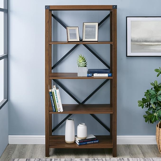 Walker Edison 4 shelves Andersen Urban Industrial Metal X Back Bookshelf, 64 Inch, Dark Walnut