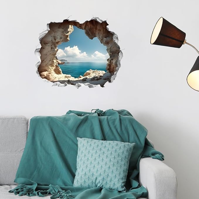 Cave by The Sea Wall Stickers for Living Room Large 3D Broken Wall Wall Decals Removable Peel and Stick Wall Art Home Decor Decoration for Bedroom Bathroom Classroom Library