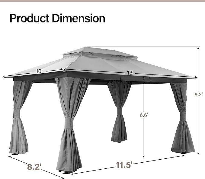 LAUSAINT HOME Outdoor Patio Gazebo 10'x13' with Expansion Bolts, Heavy Duty Party Tent & Shelter with Double Roofs, Mosquito Nettings and Privacy Screens for Backyard, Garden, Lawn, Smoke Grey