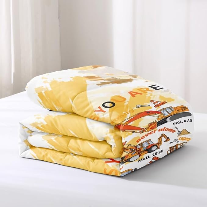 Kids Construction Vehicles Truck Comforter for Boys Queen,Cartoon Car Excavator Tractor Bedding Set,Construction Christian Spirational Quotes Comforter with 2 Pillowcases Yellow