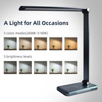 LED Desk Lamp with Wireless Charger, Dimmable Table Lamp Reading Lamp with USB Charging Port, 5 Lighting Modes, Auto-Off Timer, Study Lamp, Eye-Caring Office Lamp with Night Light