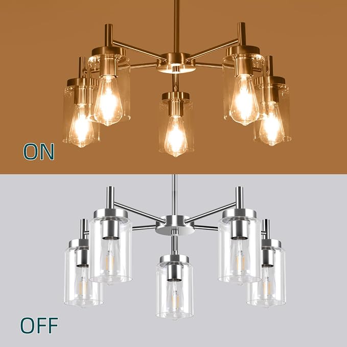 5 Lights Brushed Nickel Modern Farmhouse Chandelier for Dining Room with Glass Shade, Pre-Wired Height Adjustable Pendant Ceiling Lighting Fixture for Dining Living Room Bedroom Kitchen Foyer