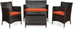 Goplus 4-Piece Rattan Patio Set, Outdoor/Indoor Wicker Conversation Set for Pool, Backyard, Lawn, Wicker Chairs and Sofa with Soft Cushion, Rattan Furniture with Tempered Glass Coffee Table