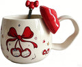 DTIUYIOP-Kawaii Red Bow Cherry Cat Ceramic Coffee Mug with 3D Red Bow and Bow Spoon, Large Curved Handle Cute Kitty Tea Cup, Coquette Aesthetic Gift for Women Girls Birthday Valentine’s Day Christmas