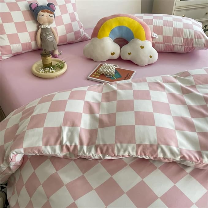 Wellboo Pink White Plaid Comforter Sets California King Women Men Bean Pink and White Checkerboard Grid Bedding Comforters Cal King Cotton Boys Girls Modern Dusty Pink Checkered Geometric Quilts