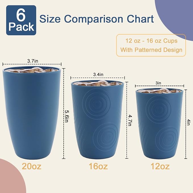 20 OZ Large Drinking Cups, Wheat Straw Cups Set of 6, Unbreakable Plastic Tumblers, Big Kitchen Cups Microwave & Dishwasher Safe Water Glasses for Kitchen, Bathroom, Party - Blue