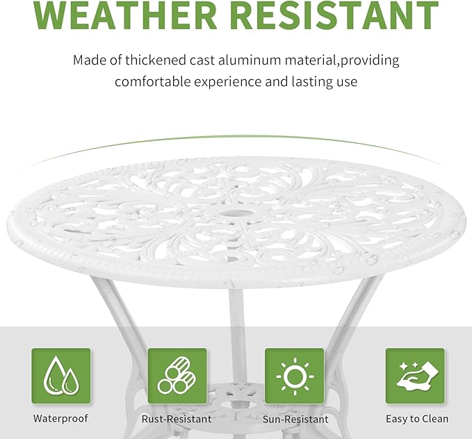 Bistro Set 3 Piece Outdoor Cast Aluminum Patio Bistro Set with Umbrella Hole, All Weather Bistro Table and Chairs Set, Small Patio Furniture Set for Garden, Porch,White
