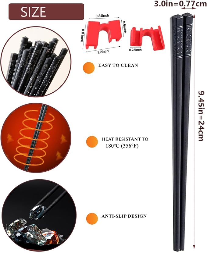 Reusable Chopsticks for Beginner- Fiberglass Training Chop sticks Helpers Set, 5 Pairs Non-Slip Black Chopsticks With Helper, Pretty Classic Style Chop Sticks Dishwasher Safe 9.45Inch