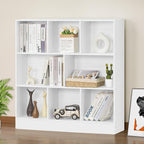 YAHARBO White 3 Tier Bookshelf,Wide Modern Horizontal Bookcase,Wood Low Book Shelf,Wide Display Storage Cabinet with Base,Floor Standing 8 Cube Large Bookcases Organizer for Bedroom,Living Room,Office