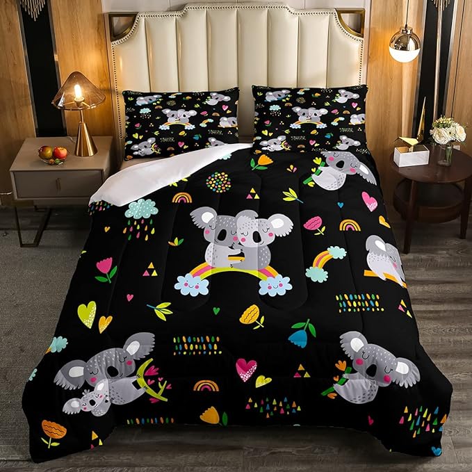 Erosebridal Koala Comforter Set, Kids Rainbow Bedding Set Full Size Flower Love Heart Duvet Sets for Girls Boys Children Cute Animal Cartoon Down Comforter 3 Pieces with 2 Pillow Cases, Black