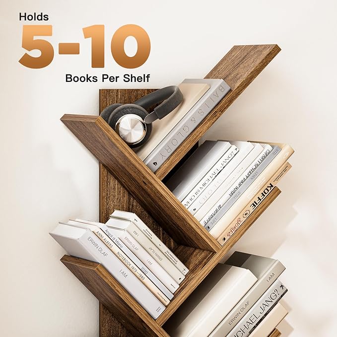 Pipishell Bookshelf with Drawer, 8-Tier Vertical Tree Bookshelf, Modern Bookcase, Modern Book Storage, Book Shelf Organizer for Living Room, Bedroom, Home Office, Rustic Brown, PIBS03WN